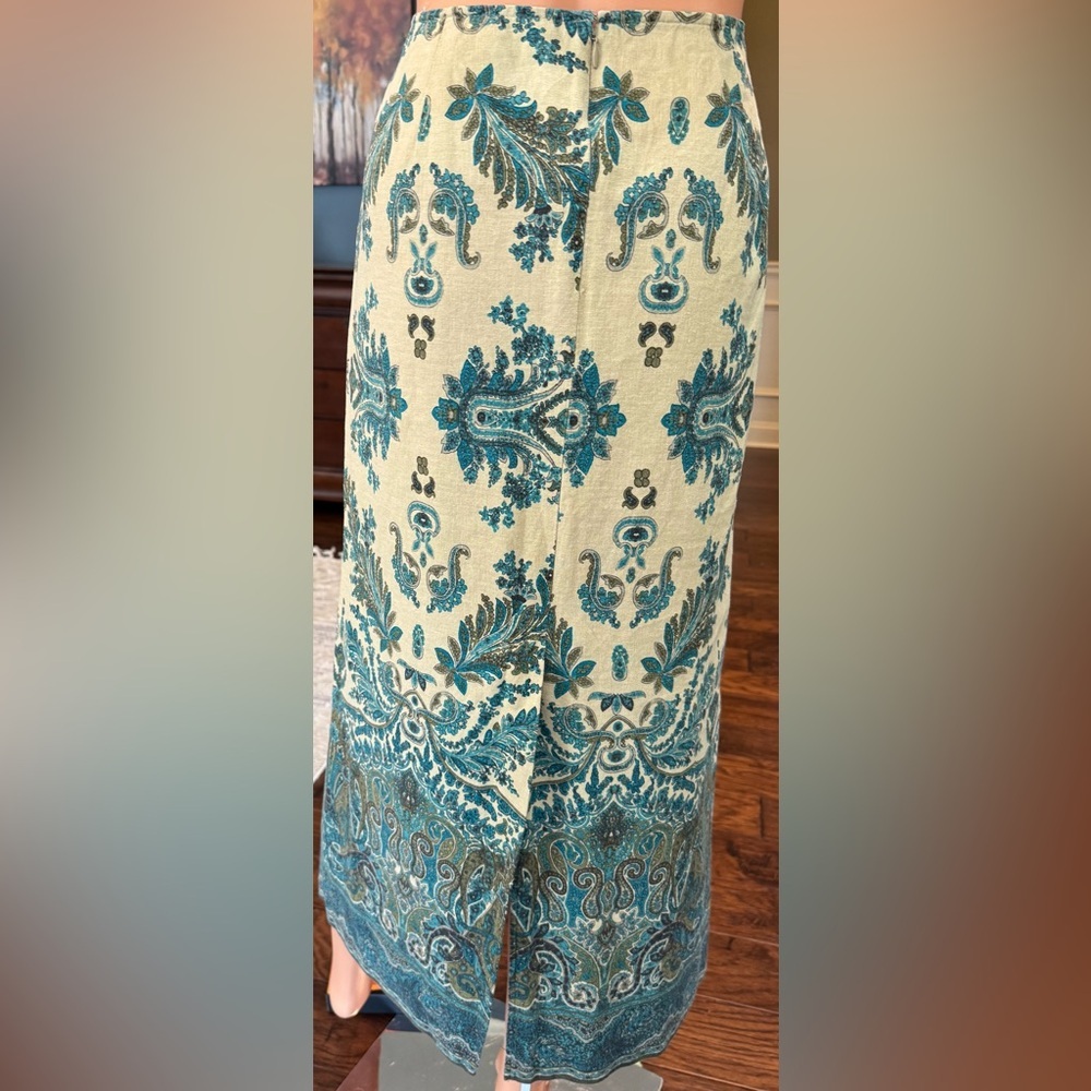 Linen Blend Paisley Midi Skirt High Waist Back Slit Size 12 Blue Tan - Picture 5 of 8